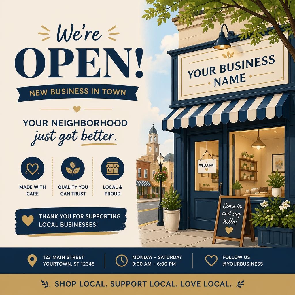 Colorful illustrated 6x4 business opening postcard with cream and navy palette, warm minimal design, and sharp placeholder text.