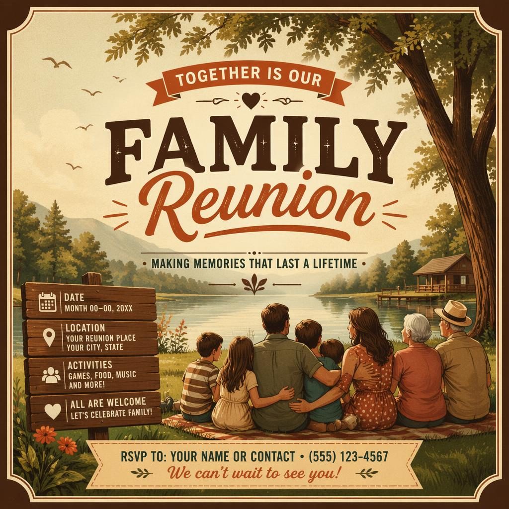 Illustrated 6x4 postcard with warm vintage sepia palette, welcoming family reunion scene, and sharp placeholder typography