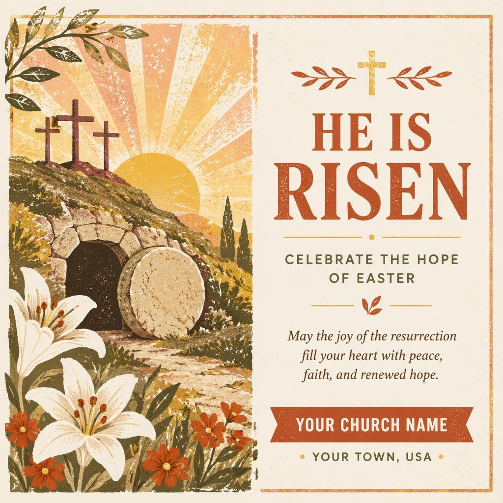 6x4 risograph-style holiday postcard with joyful religious Easter imagery, rust tones, and clean placeholder typography