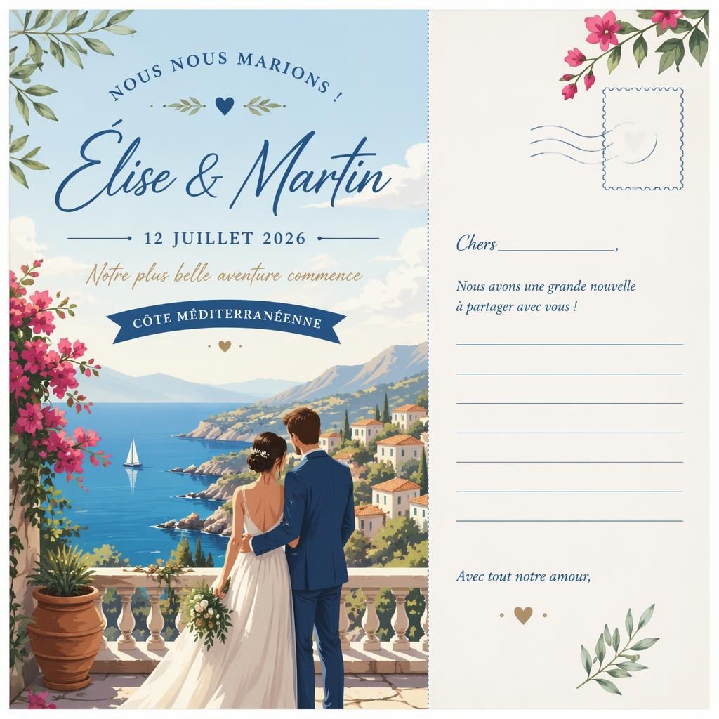 Carte postale de mariage illustrée, colorée et romantique, palette bleu méditerranéen, avec typographie de remplacement nette.
