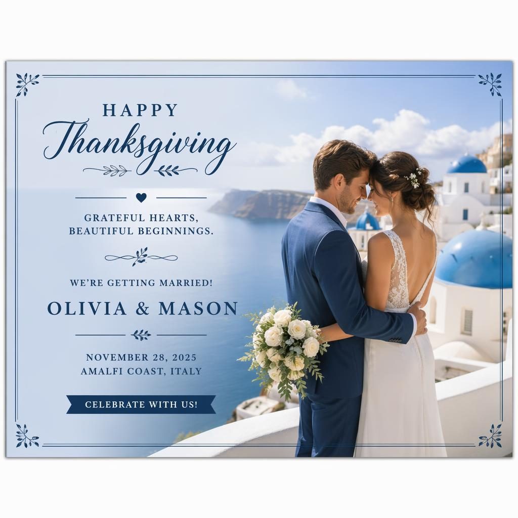 6x4 wedding announcement postcard with Mediterranean blue photo overlay, elegant placeholder typography, polished layout