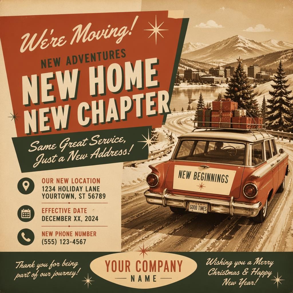 Retro 1960s travel-style Christmas business postcard in sepia tones with bold typography and a festive moving announcement layout.