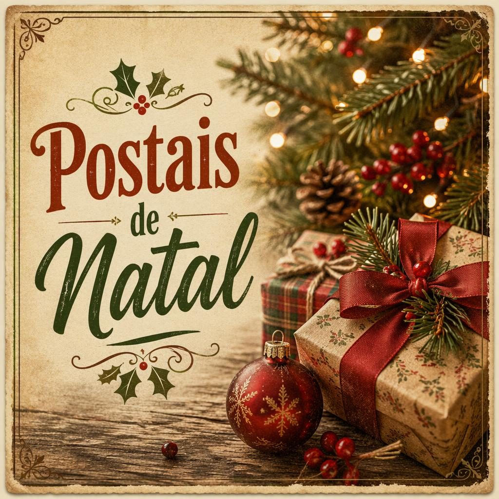 Cartão postal de Natal vintage 6x4 com ramos verdes, presentes embrulhados, luzes quentes e texto Postais de Natal