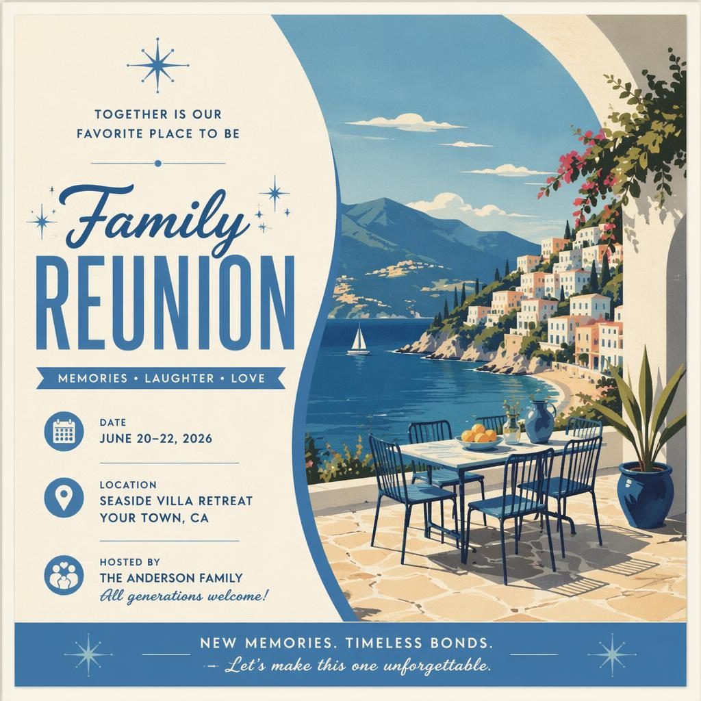 Mid-century modern 6x4 wedding announcement postcard with dreamy Mediterranean blue illustration and sharp placeholder typography