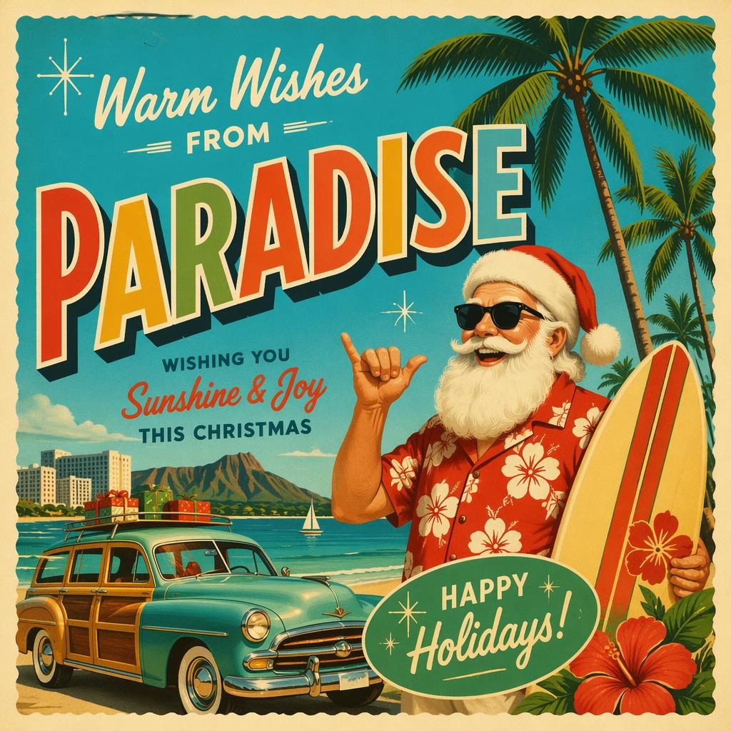 Retro 1960s-style tropical Christmas postcard illustration with vibrant colors, playful holiday motifs, and sharp placeholder typography