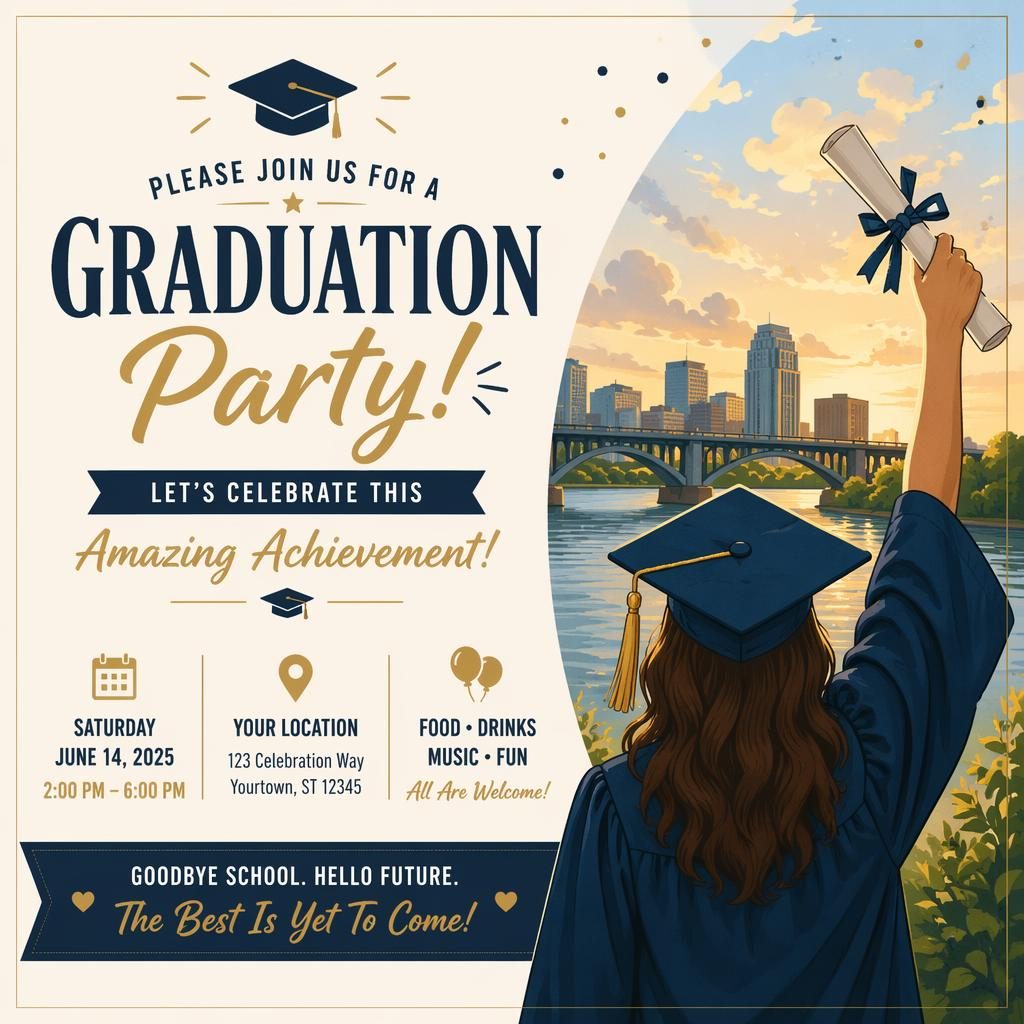 Illustrated 6x4 postcard with colorful graduation theme, cream and navy palette, and clean placeholder typography.