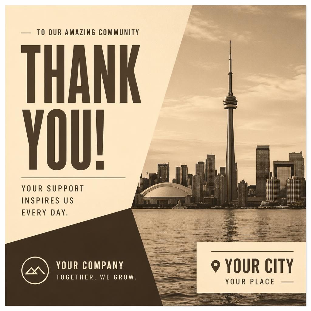 Minimalist Swiss-style thank you graphic postcard in vintage sepia, with bold layout and clean placeholder typography.