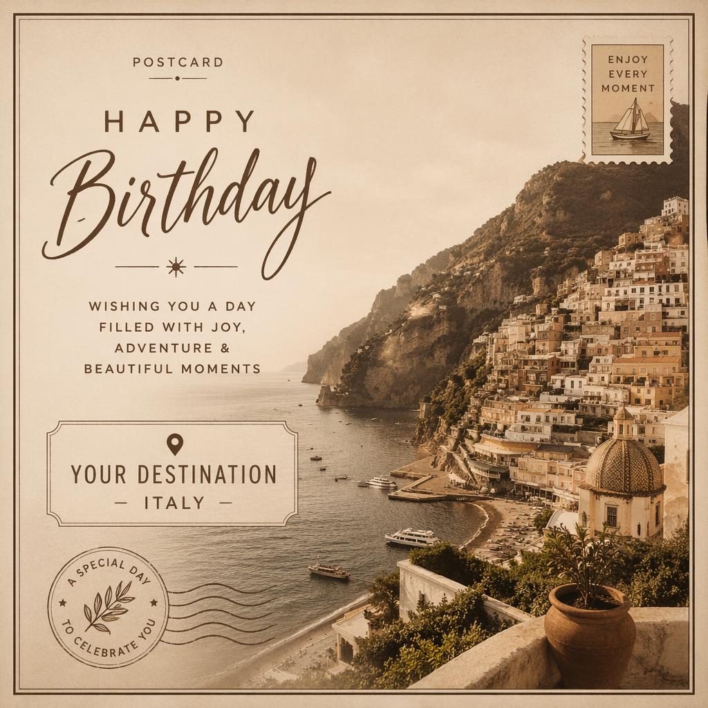 Modern editorial birthday postcard in vintage sepia tones with elegant layout and sharp placeholder typography.
