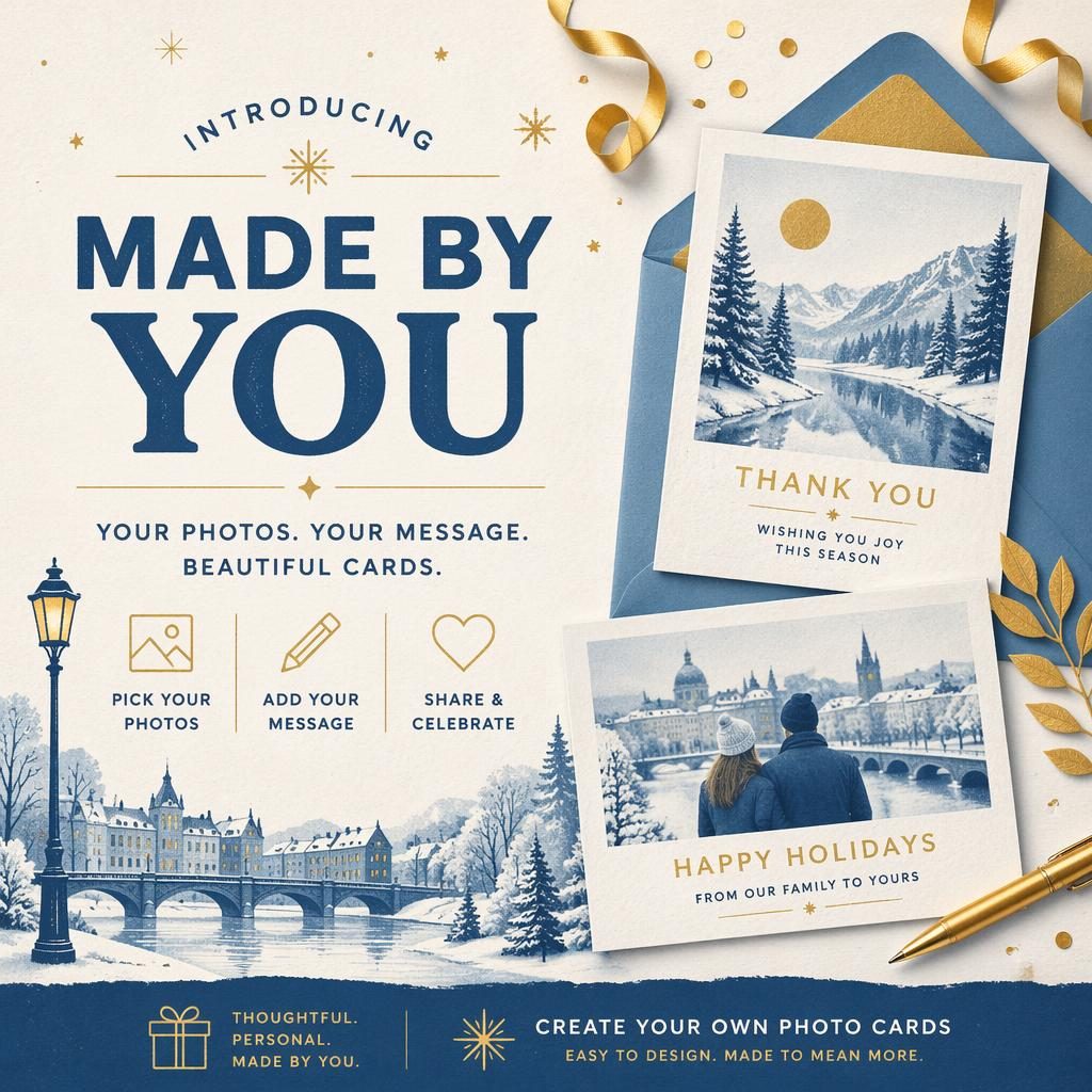 6x4 risograph-style winter postcard with ice blue and gold festive shapes, clean placeholder typography, and launch layout