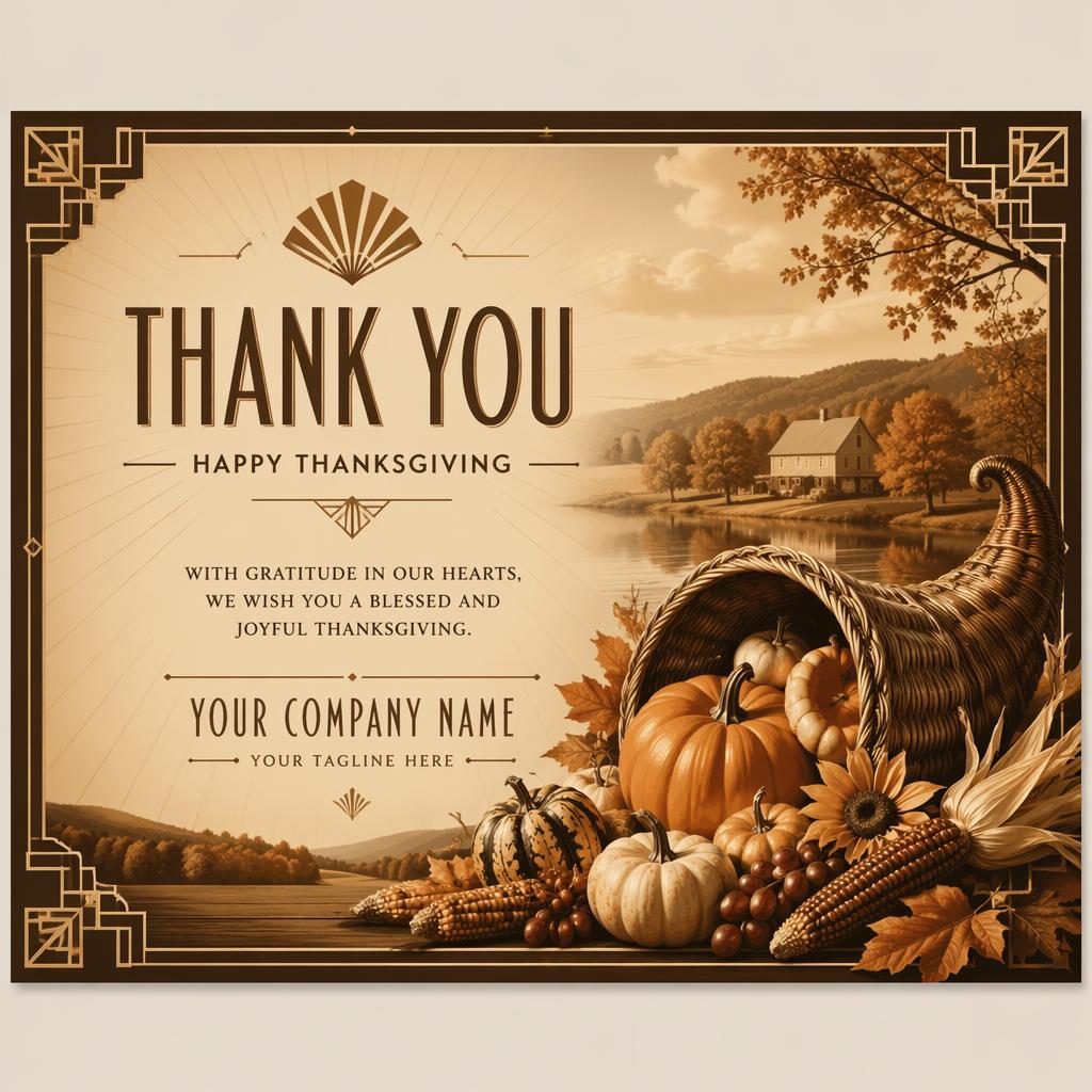 Art deco thank you postcard in warm sepia tones with elegant placeholder typography and a luxury vintage layout.