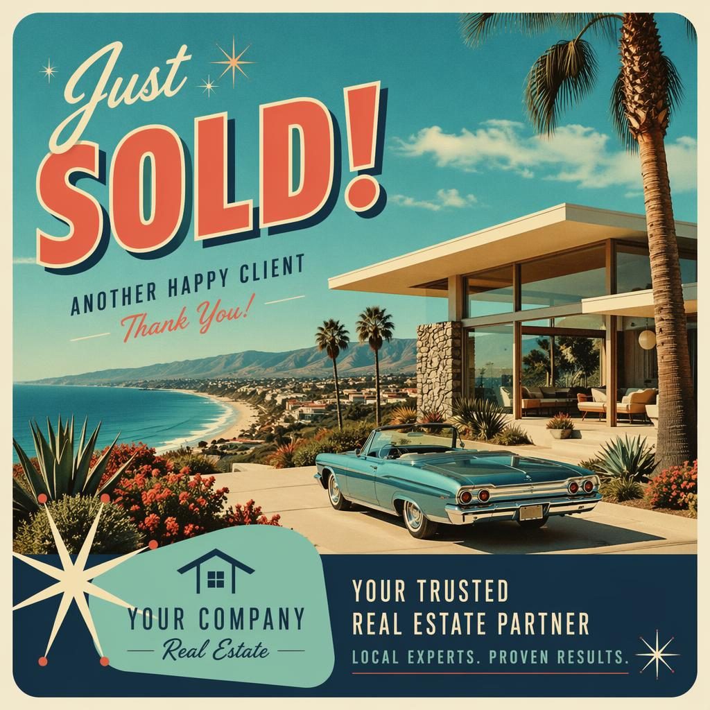 Retro 1960s style real estate just sold greeting postcard with dreamy romantic illustration, bold modern colors, and sharp placeholder typography.