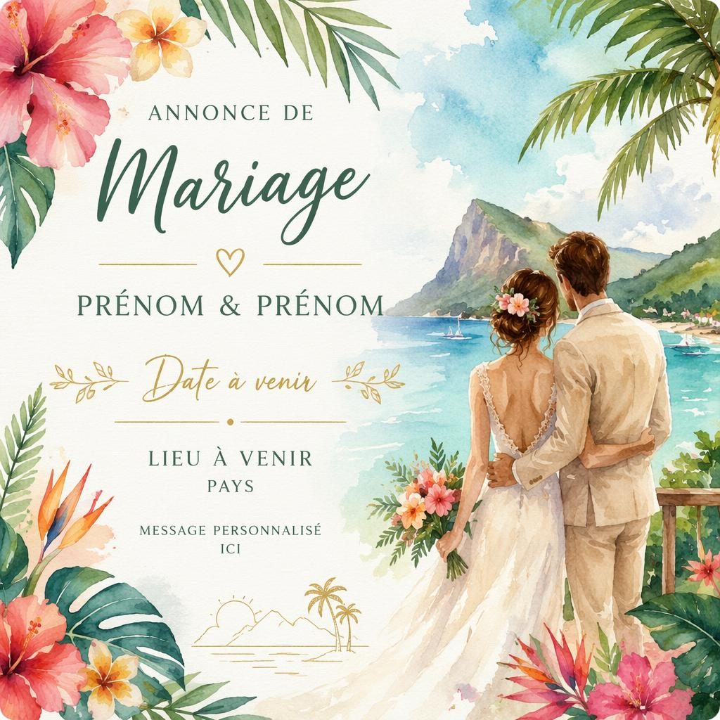Carte postale d’annonce de mariage en aquarelle, palette tropicale vive, typographie de repère nette, format 6x4.