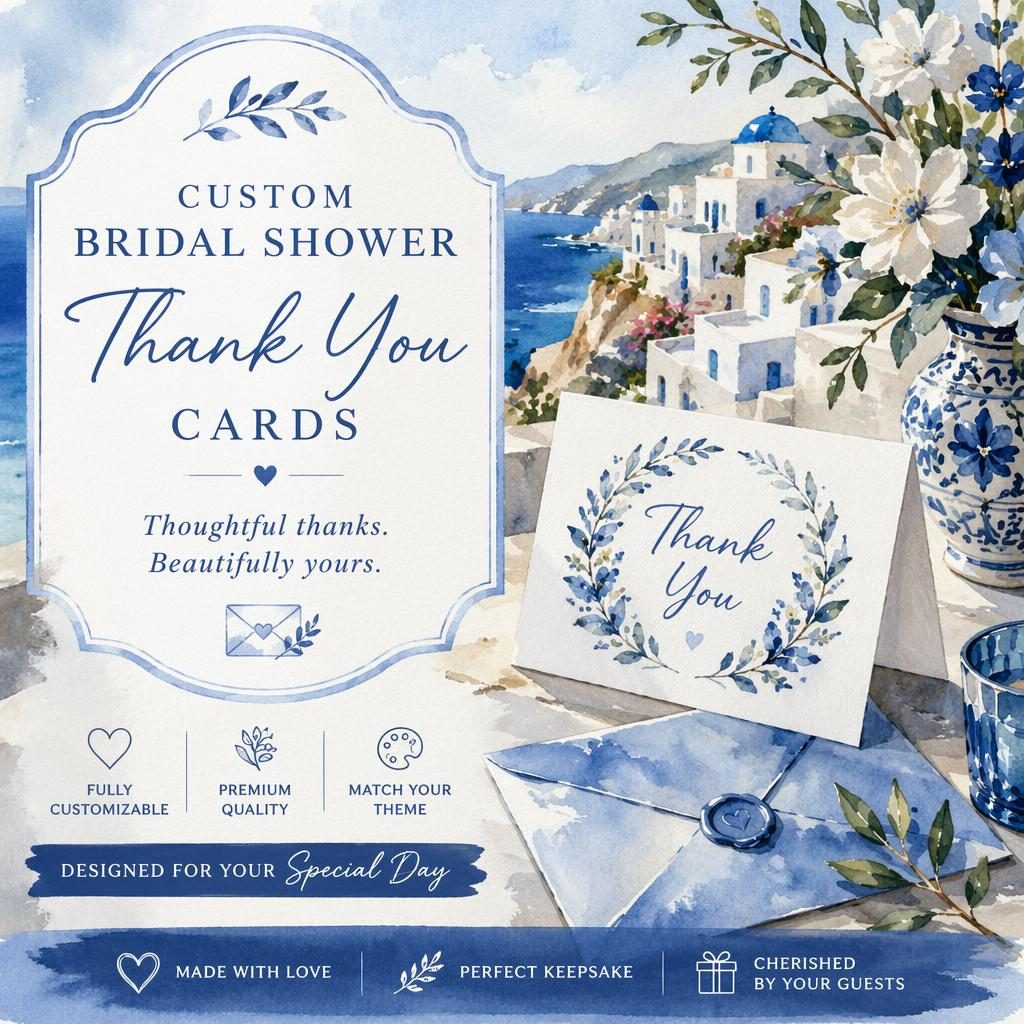 Watercolor 6x4 wedding announcement postcard in mediterranean blue with romantic floral illustration and sharp placeholder text