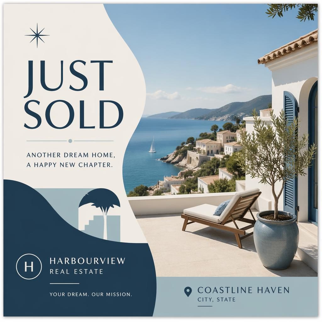 6x4 real estate just sold postcard design in mid-century modern style with dreamy Mediterranean blue house scene