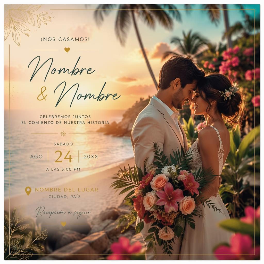Diseño de plantilla postal de boda 6x4 con foto tropical romántica, superposición suave y tipografía de marcador legible.