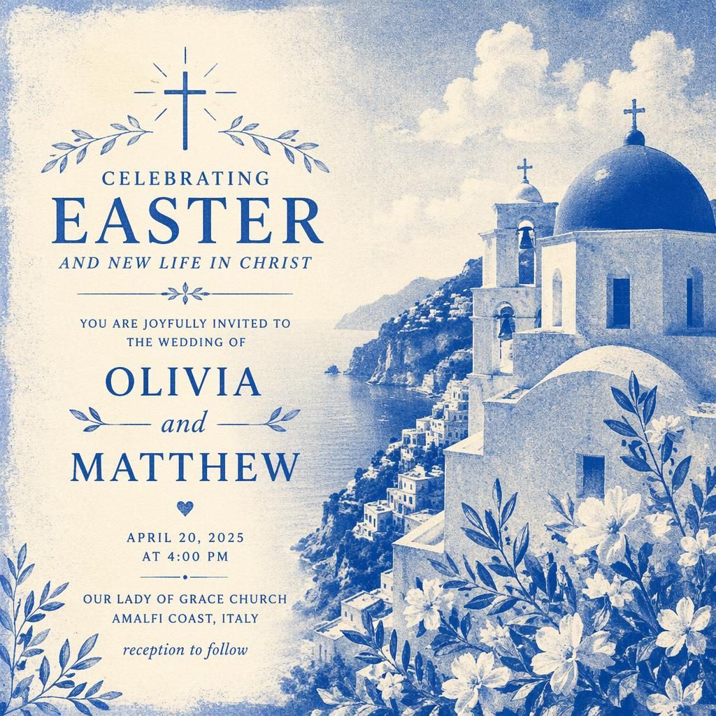6x4 wedding announcement postcard in risograph style with religious Easter imagery, dreamy blue Mediterranean palette, and clean placeholder text