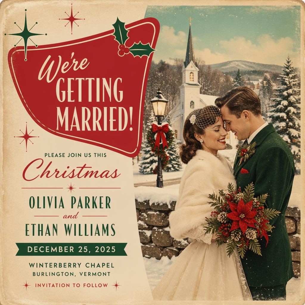 Mid-century modern 6x4 wedding announcement postcard with dreamy holiday red and green illustration and sharp placeholder text.
