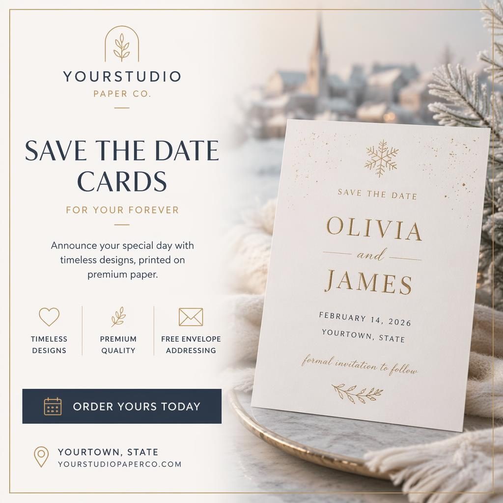 Minimalist Swiss-style 6x4 postcard design in winter ice and gold with clean placeholder typography and warm layout
