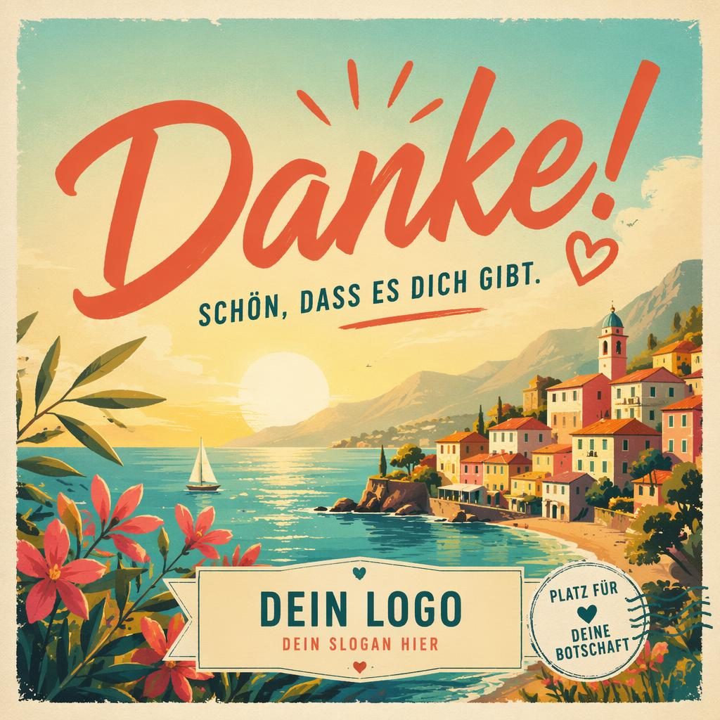Bunte illustrierte Dankeskarte im 6×4-Format mit warmer, sonnenverblichener Farbpalette und klarer Platzhalter-Typografie