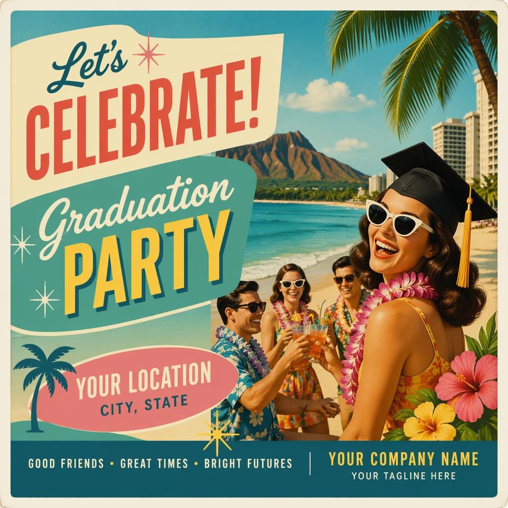 Retro 1960s tropical travel-style postcard design with playful graduation theme, vibrant palette, and sharp placeholder typography.