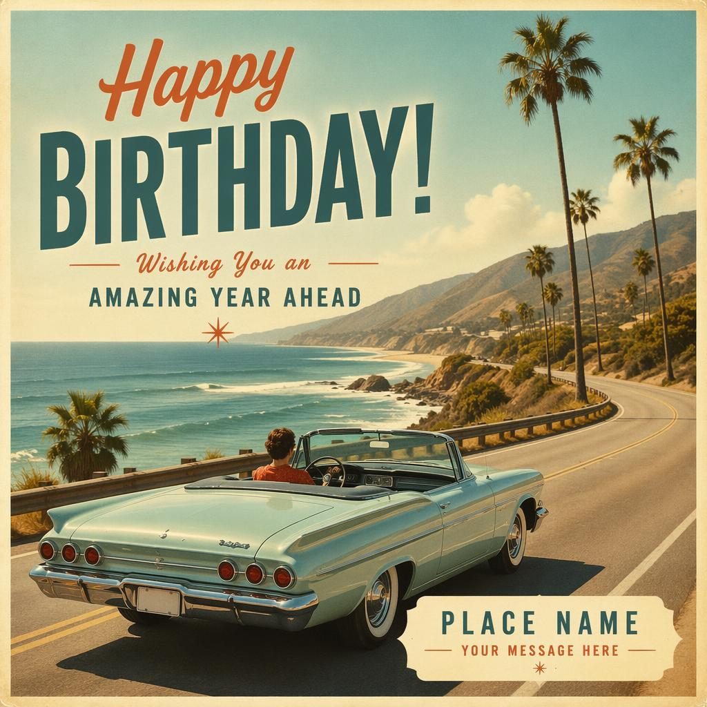 Retro 1960s-style birthday postcard with warm sun-faded colors, festive travel imagery, and sharp placeholder typography.