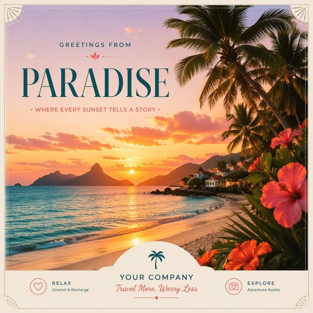 6x4 postcard design with dreamy tropical flowers, modern editorial layout, and sharp placeholder typography