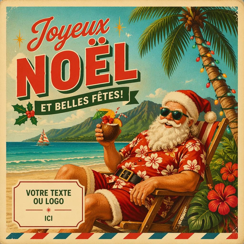 Carte postale de Noël vintage au format 6x4, palette tropicale vive, illustration joyeuse et typographie factice lisible
