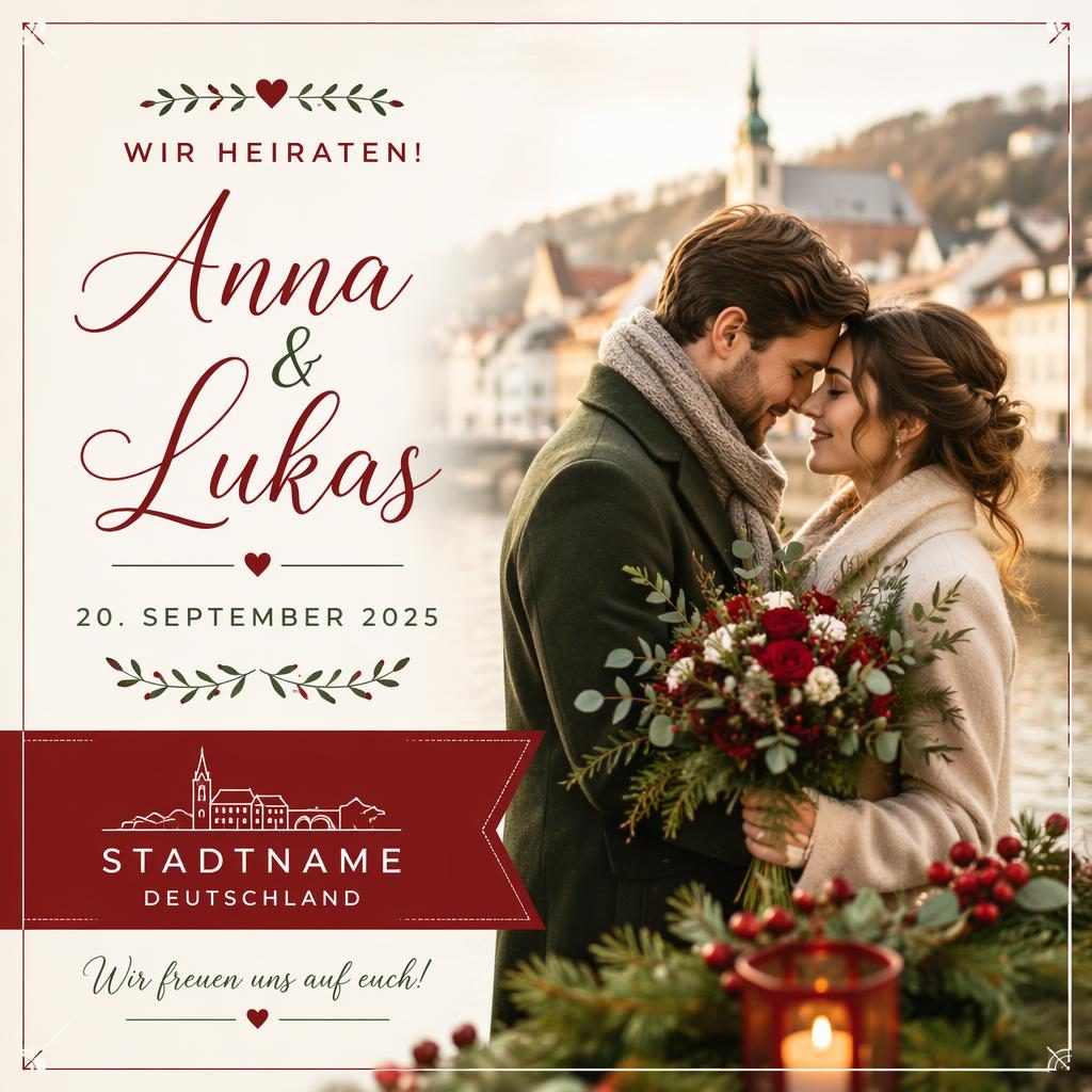 Romantische Hochzeitsankündigung als 6x4-Postkarte mit Fotomotiv, Overlay, Platzhaltertypografie in Rot und Grün