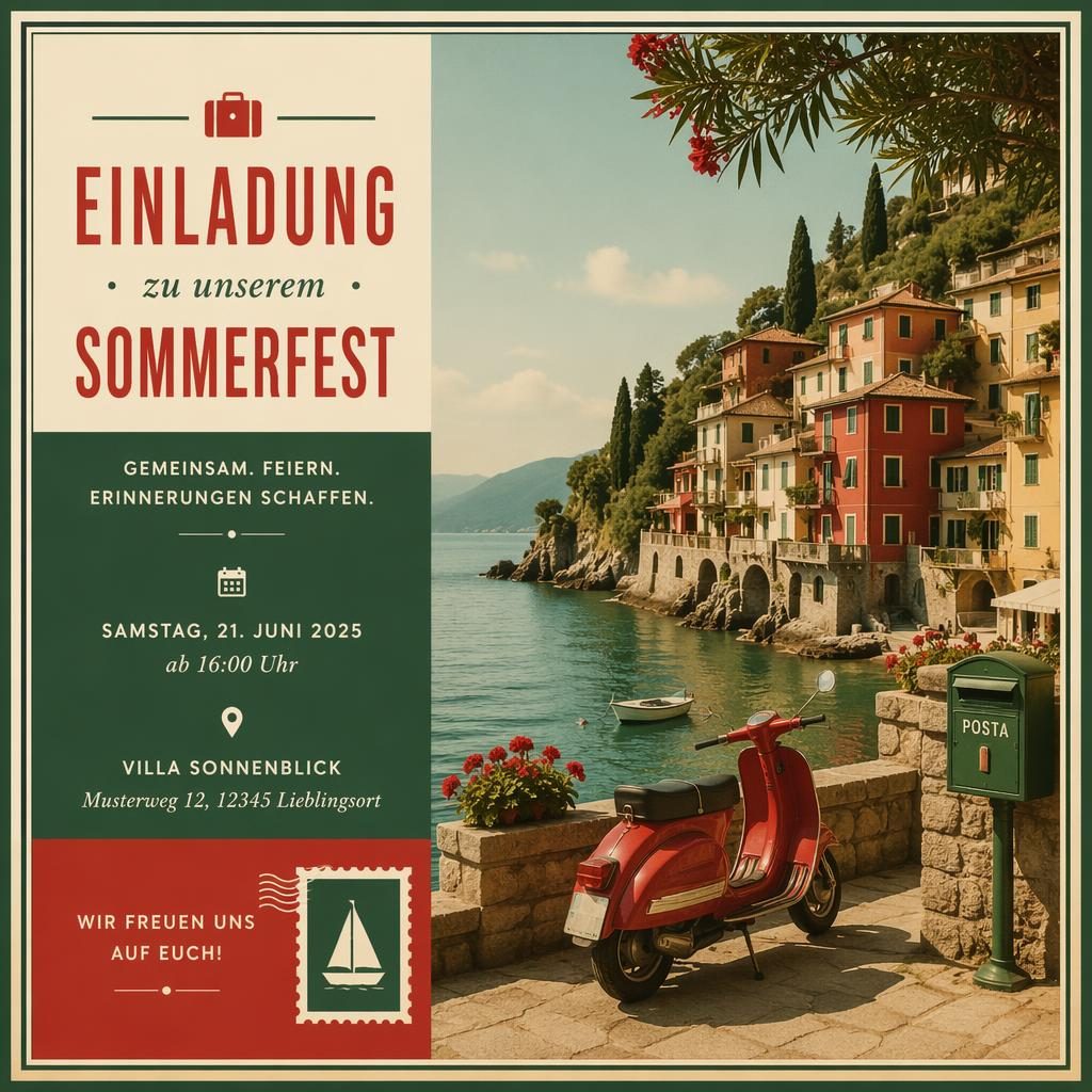 Illustrative Eventeinladung als 6x4-Postkarte in Rot-Grün mit klarer Platzhalter-Typografie und ruhiger Reiseszene.