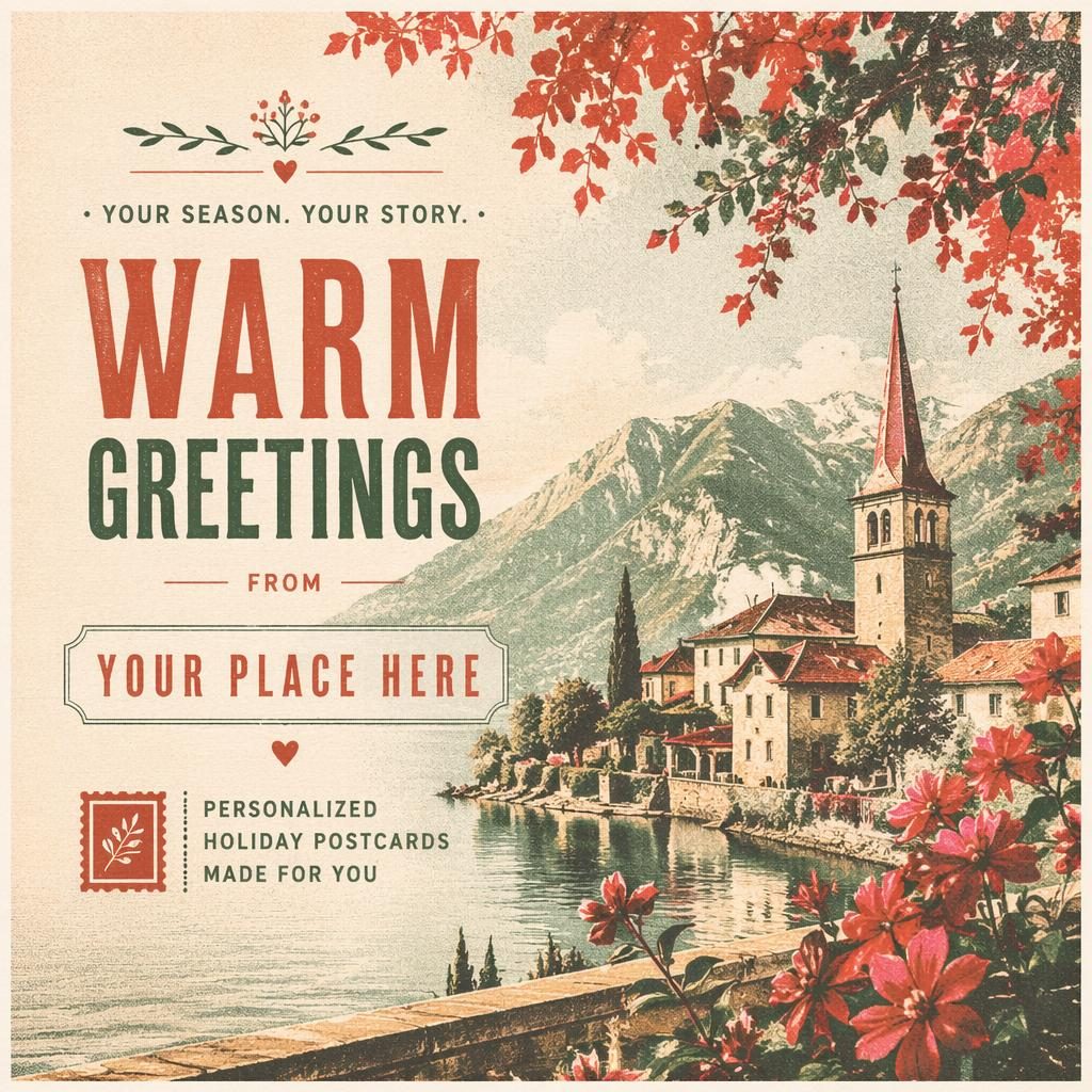 6x4 postcard illustration in dreamy risograph style with red and green seasonal palette and clean placeholder typography