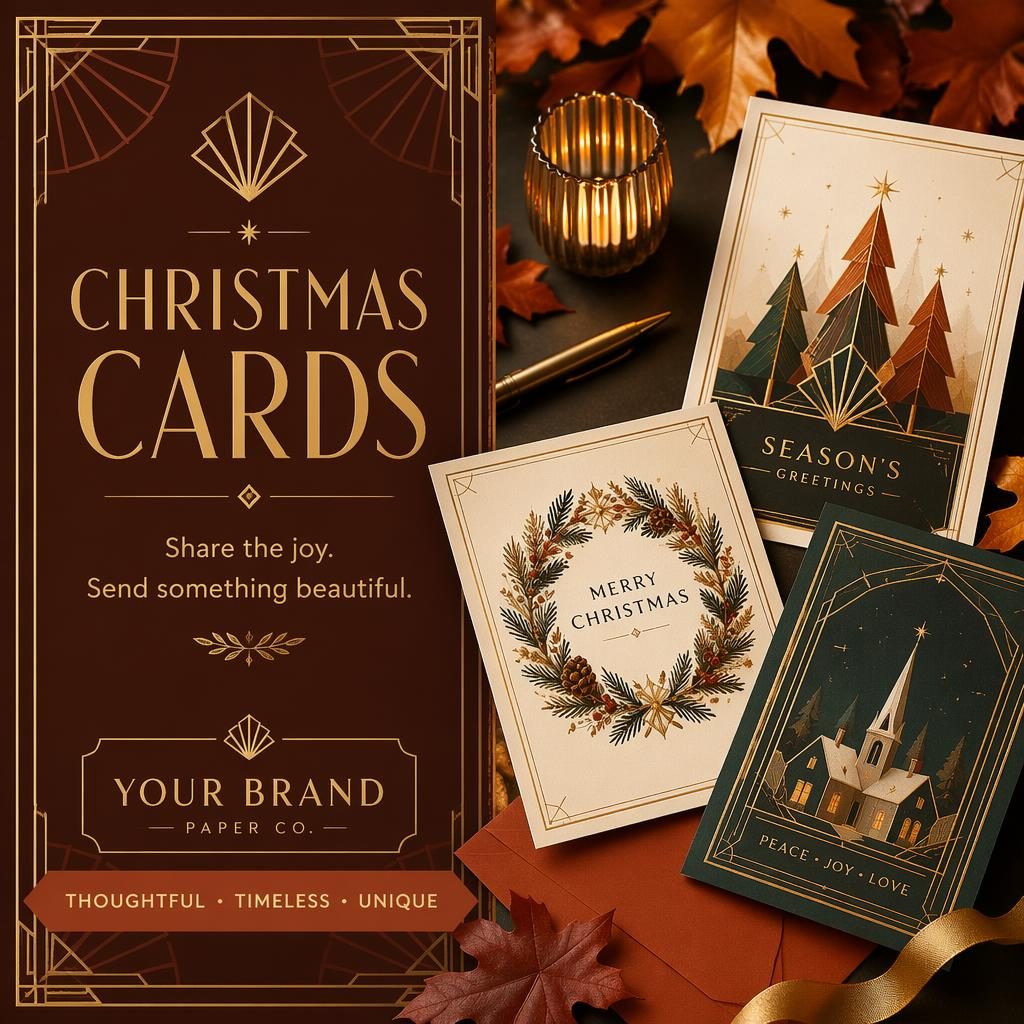 Art deco luxury autumn postcard with rust palette, elegant illustration, and sharp placeholder typography in a 6x4 layout