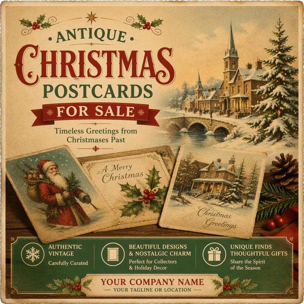 Vintage-style 6x4 real estate just listed postcard with festive holiday illustration, warm faded colors, and sharp placeholder text