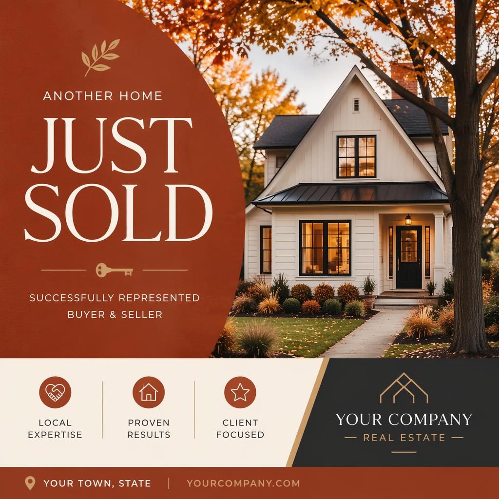 6x4 real estate just sold postcard design with autumn rust palette, modern editorial layout, and sharp placeholder text