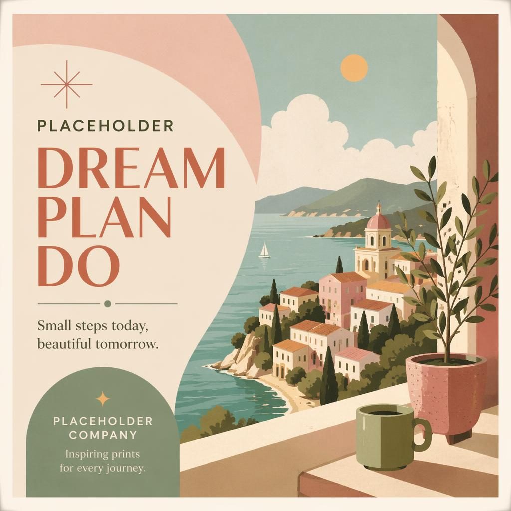 Mid-century modern inspirational postcard illustration in pastel tones with sharp placeholder typography on a warm 6x4 layout