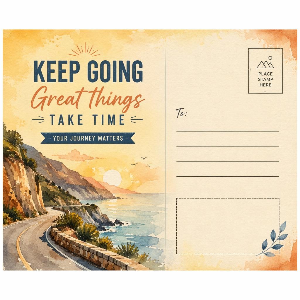 Watercolor hand-drawn 6x4 postcard back design with warm sun-faded palette, bold layout, stamp box, address lines, and placeholder typography.