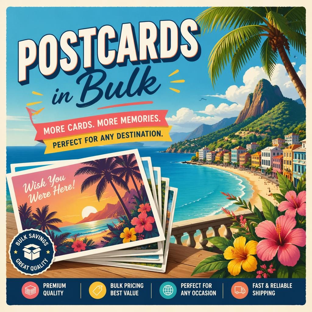 Illustrated 6x4 travel souvenir postcard with tropical colors, playful layout, and sharp placeholder typography