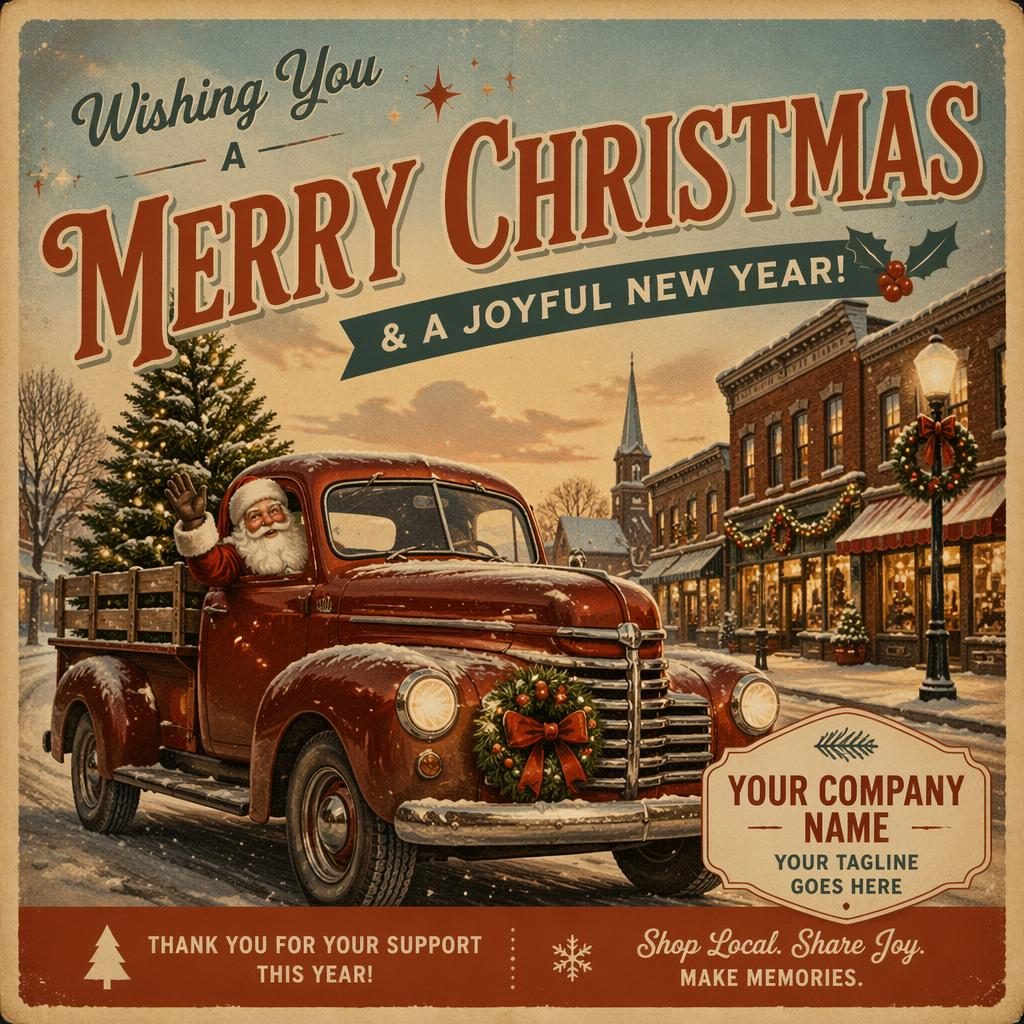 Vintage-style Christmas postcard layout with joyful holiday illustration, autumn rust palette, and sharp placeholder typography