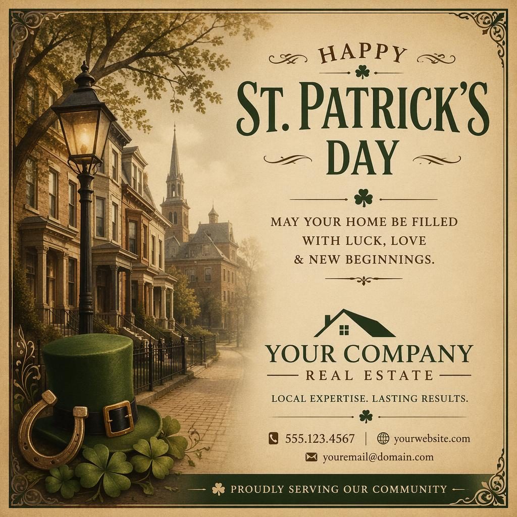 Vintage sepia 6x4 postcard with elegant Irish-themed home illustration and refined placeholder typography in classic style.