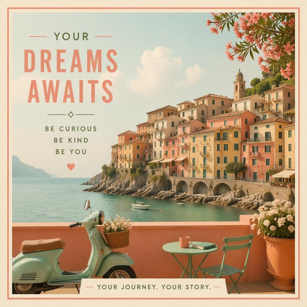 Pastel postcard illustration with warm Wes Anderson-inspired colors, clean placeholder typography, and a romantic 6x4 layout.