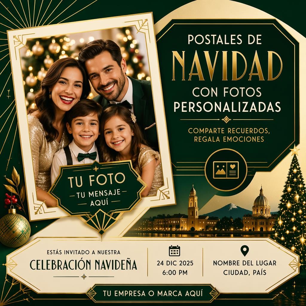 Postal 6x4 de Navidad estilo art déco con foto personalizada, tipografía de marcador y paleta moderna de alto contraste