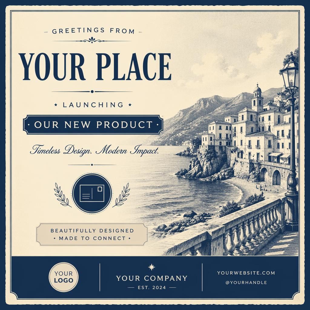 Vintage 6x4 product launch postcard design in cream and navy with elegant placeholder typography and refined layout