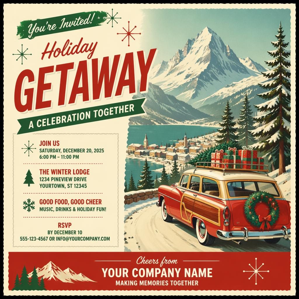 Retro 1960s travel-style holiday postcard invitation with red and green palette, playful illustration, and sharp placeholder text