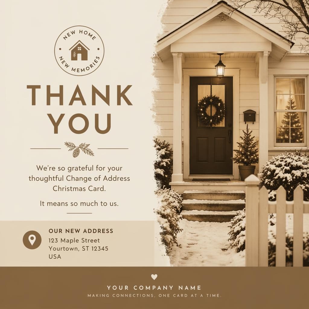 Minimalist Swiss-style 6x4 thank you postcard in warm sepia with clean placeholder typography and strong visual hierarchy.