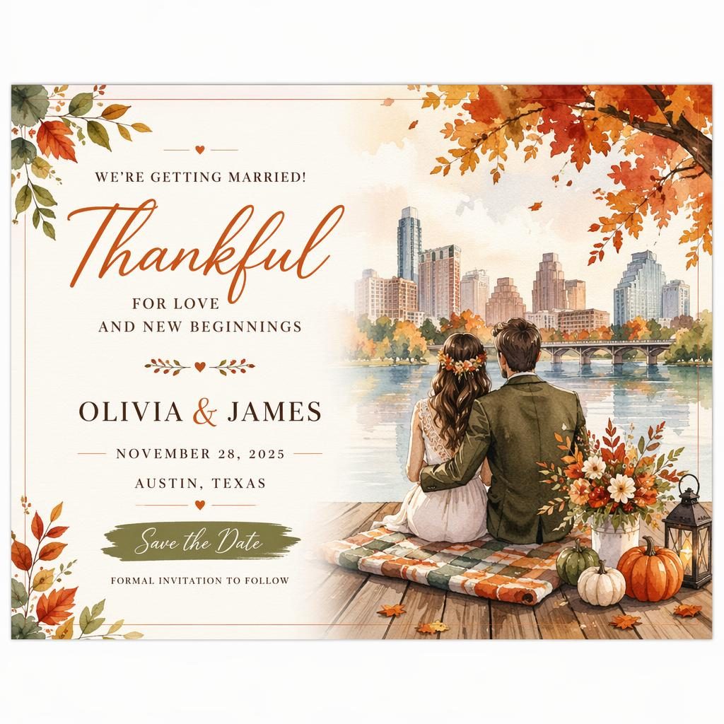 Watercolor wedding announcement postcard with autumn florals, placeholder typography, and a polished high-contrast 6x4 layout.