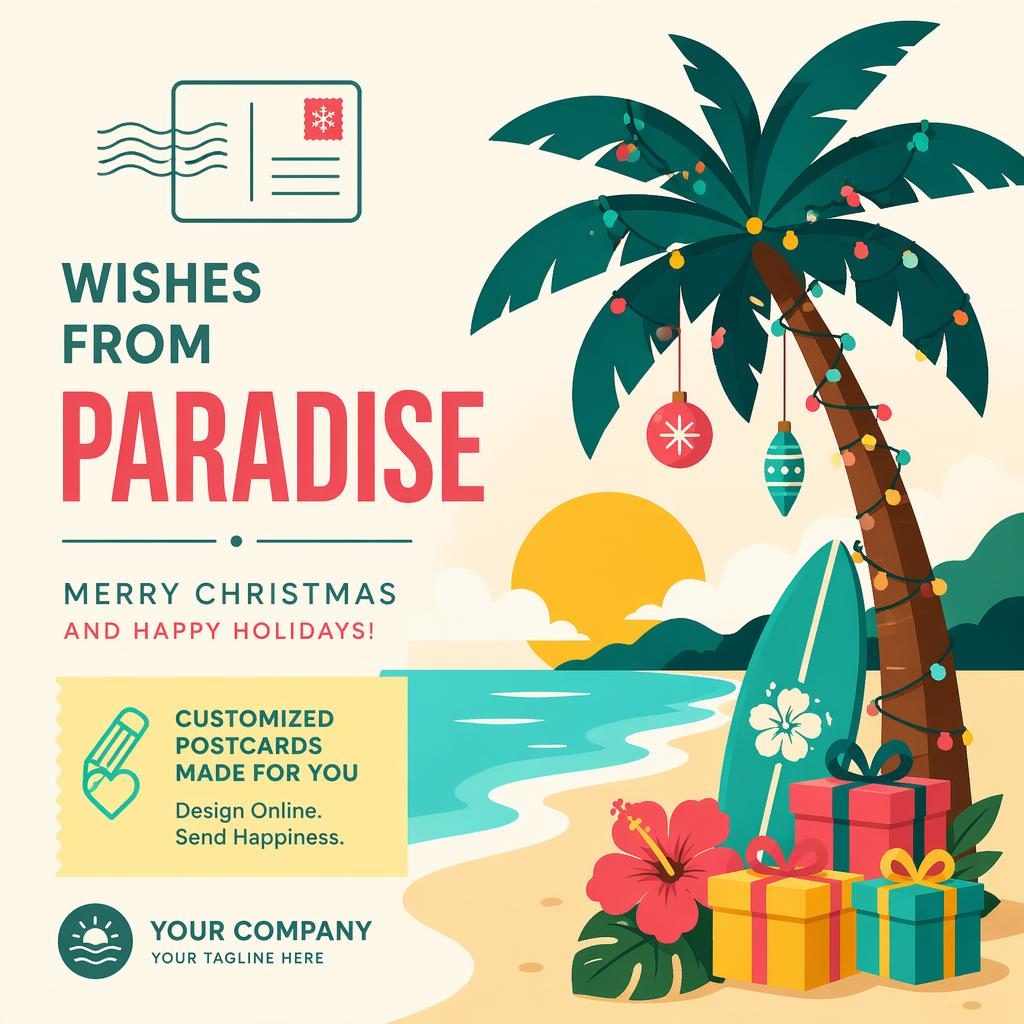 Minimalist Swiss-style Christmas postcard with tropical colors, playful layout, and sharp placeholder typography on a 6x4 design.