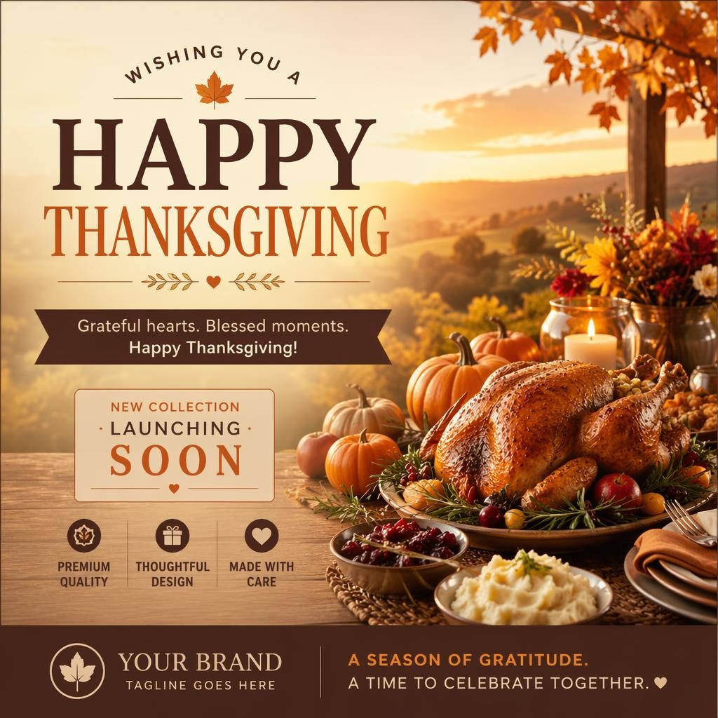 Festive 6x4 postcard design with warm sun-faded palette, celebratory food styling, and clean placeholder typography
