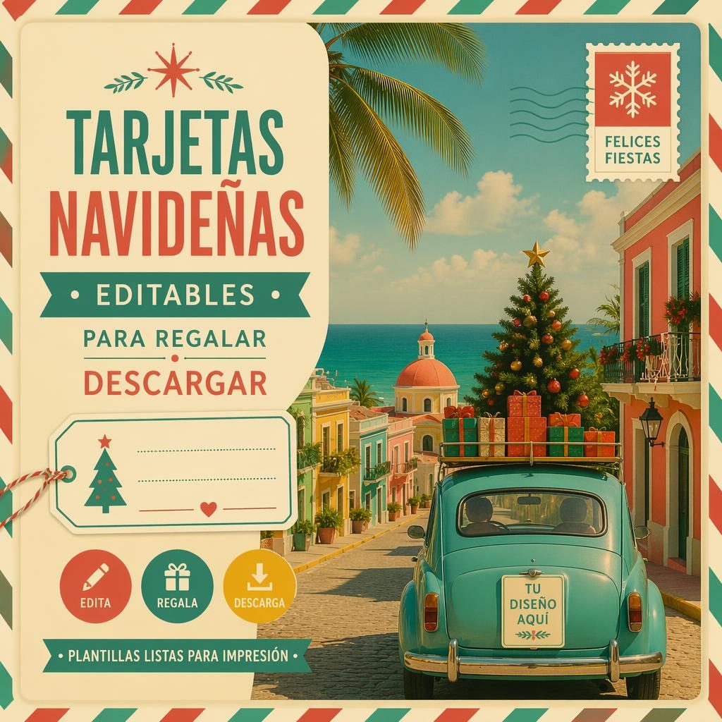 Postal ilustrada 6x4 estilo souvenir tropical con paleta vibrante, tipografía placeholder nítida y ambiente navideño alegre