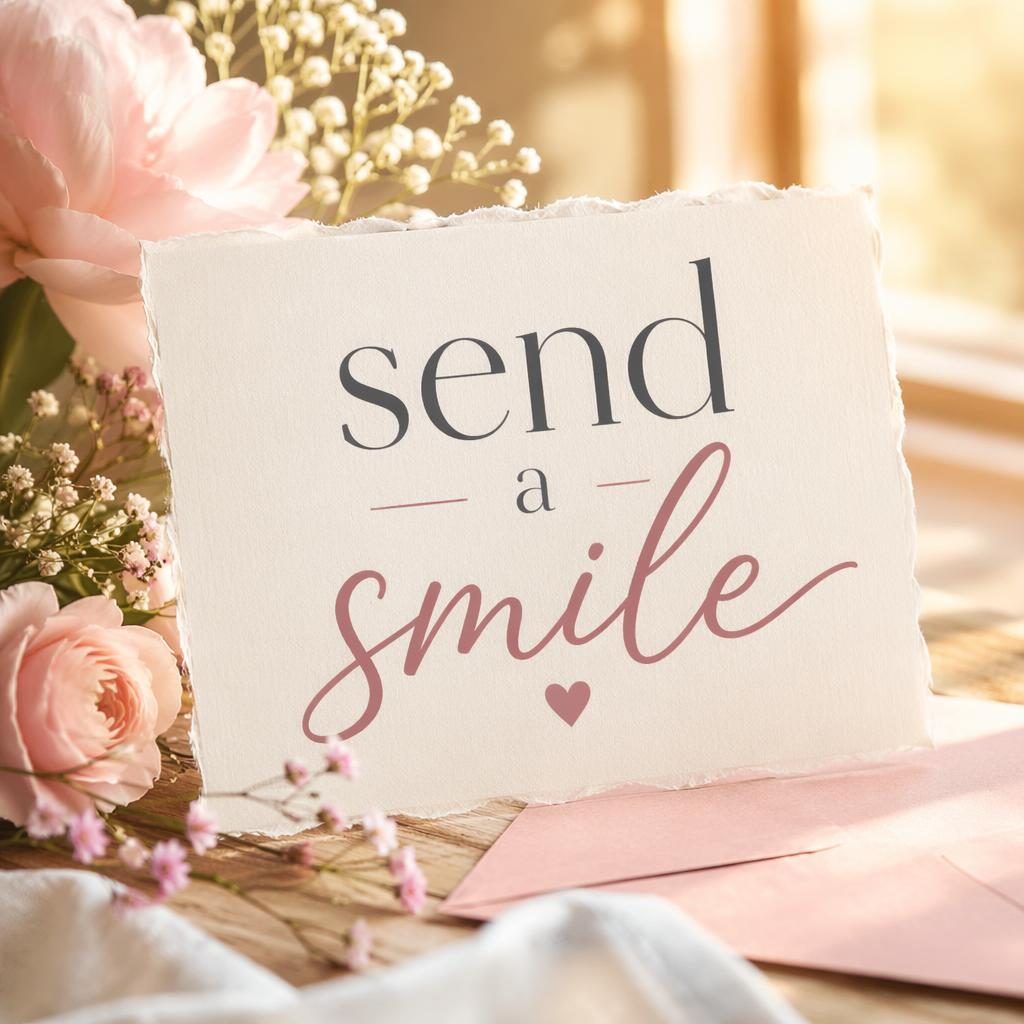 Nahaufnahme einer Postkarte mit handgeschriebener Notiz, zarten Blumen und dem Schriftzug send a smile im Sonnenlicht.