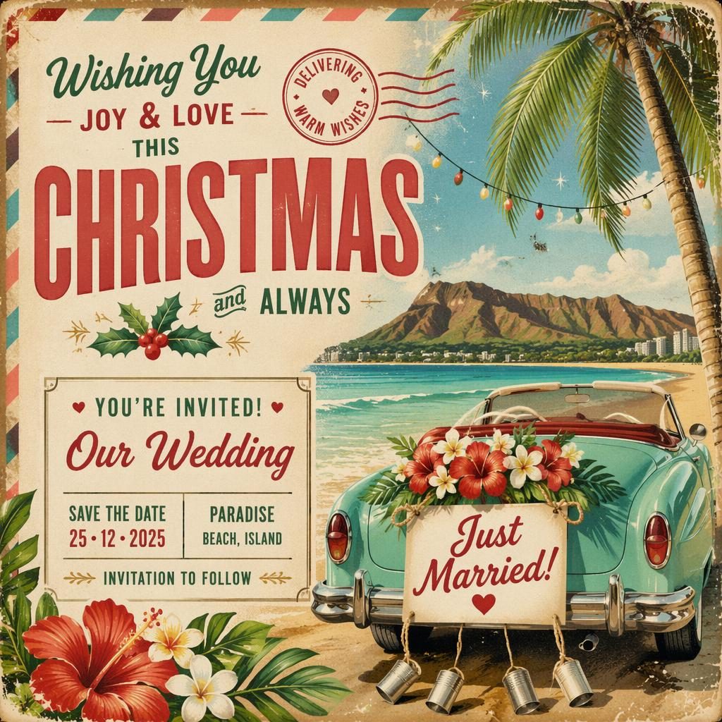 Vintage-style Christmas postcard with tropical colors, playful holiday illustration, and sharp placeholder wedding invite typography