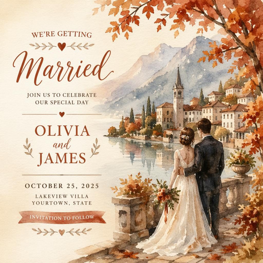 Watercolor 6x4 wedding announcement tourist postcard with autumn rust tones, scenic illustration, and sharp placeholder text